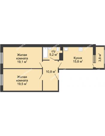 2 комнатная квартира 72,35 м² в ЖК Сердце Нижнего, дом № 35
