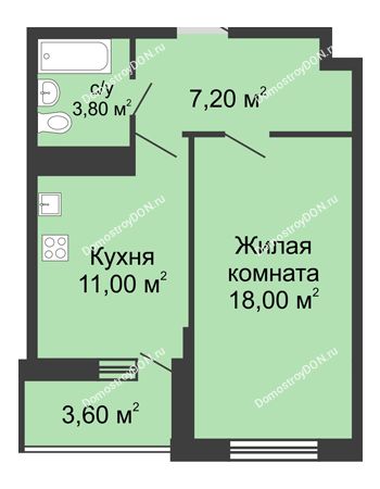 1 комнатная квартира 42,2 м² в ЖК Первый, дом Литер 2