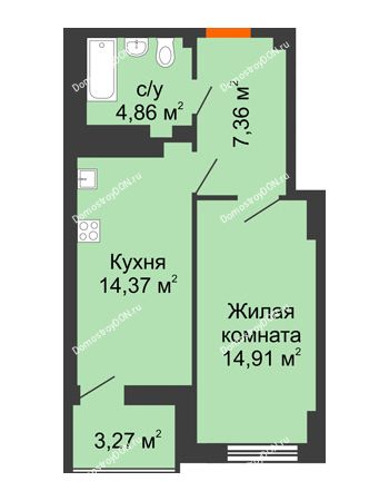 1 комнатная квартира 43,14 м² в ЖК Аврора, дом № 3