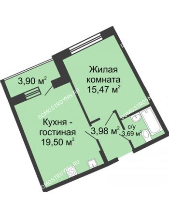 1 комнатная квартира 44,59 м² в ЖК Ватсон, дом № 5