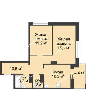 2 комнатная квартира 54,4 м² в ЖК Аквамарин, дом №2