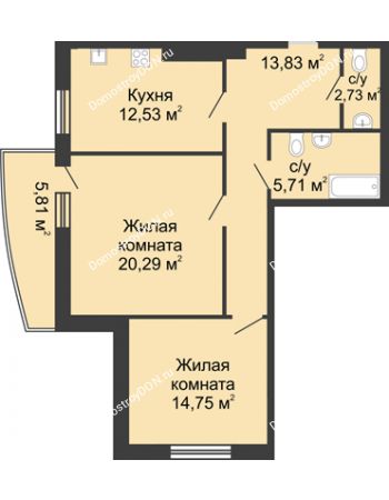 2 комнатная квартира 75 м² в ЖК Тихий Дон, дом № 1