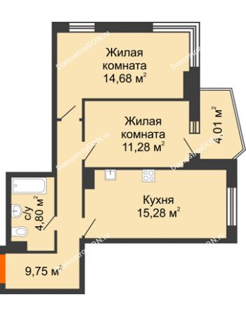 2 комнатная квартира 58,09 м² в ЖК Сердце Ростова 2, дом Литер 1