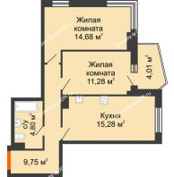 2 комнатная квартира 58,09 м² в ЖК Сердце Ростова 2, дом Литер 1 - планировка