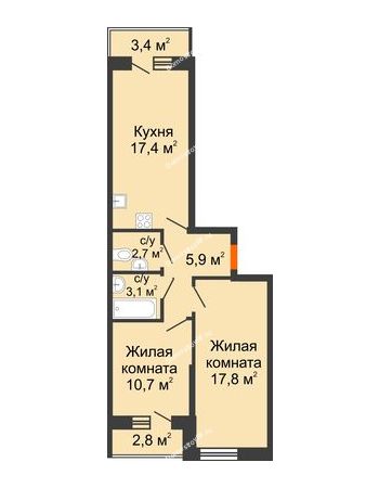 2 комнатная квартира 60,7 м² в ЖК Парк Победы, дом Литер 2