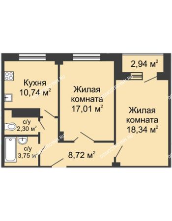 2 комнатная квартира 63,36 м² в ЖК Облака, дом № 1