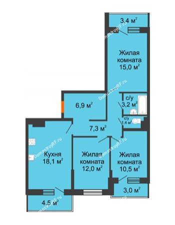 3 комнатная квартира 79 м² в ЖК Южане, дом Литер 3