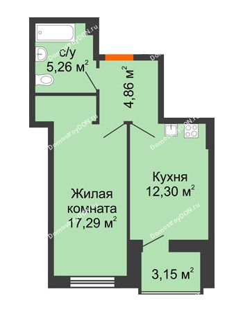 1 комнатная квартира 41,43 м² в ЖК Аврора, дом № 1