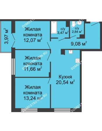 3 комнатная квартира 74,09 м² в ЖК Клевер, дом № 2