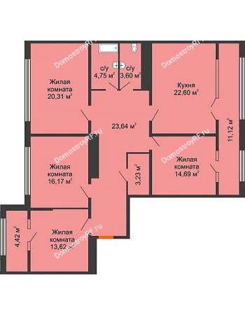 4 комнатная квартира 130,4 м² в ЖК Сердце, дом № 1