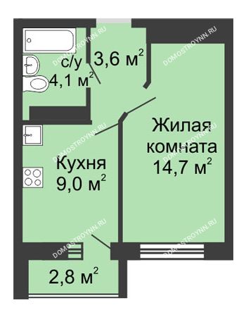 1 комнатная квартира 31,4 м² в ЖК ЮГ, дом № 20