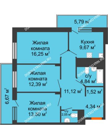 3 комнатная квартира 80,75 м² в ЖК Циолковский, дом № 6