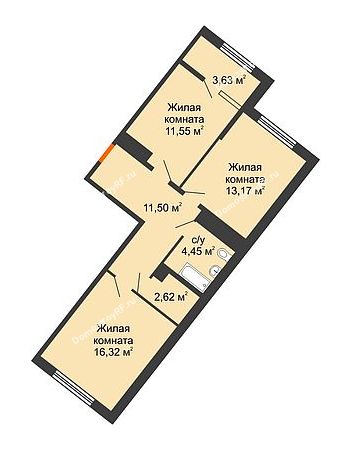 2 комнатная квартира 61,43 м² в ЖК Сердце, дом № 1