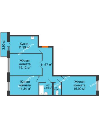 3 комнатная квартира 80,79 м² в ЖК Бограда, дом № 2