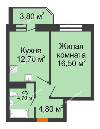 1 комнатная квартира 42,5 м² в ЖК Звездный, дом № 6