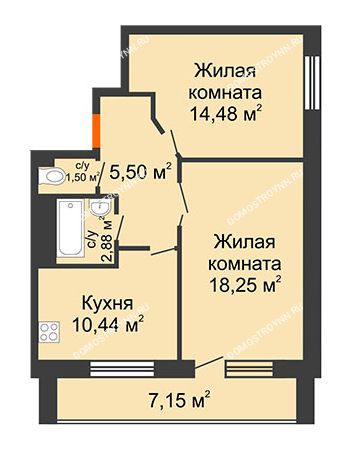 2 комнатная квартира 61,23 м² в ЖК Облака, дом № 2