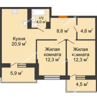 2 комнатная квартира 62,7 м² в ЖК Отражение, дом Литер 1.2 - планировка