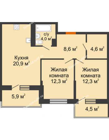 2 комнатная квартира 66,9 м² в ЖК Отражение, дом Литер 2.2
