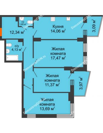 3 комнатная квартира 77,47 м² в ЖК Сердце Ростова 2, дом Литер 8