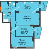 3 комнатная квартира 77,47 м² в ЖК Сердце Ростова 2, дом Литер 8 - планировка
