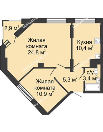 2 комнатная квартира 54,8 м² - ЖД по ул. Сазанова
