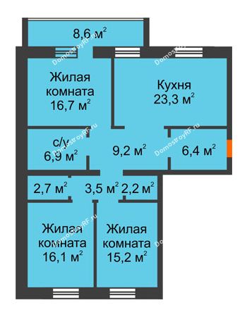 3 комнатная квартира 105,54 м² в ЖК Ария, дом ГП-6