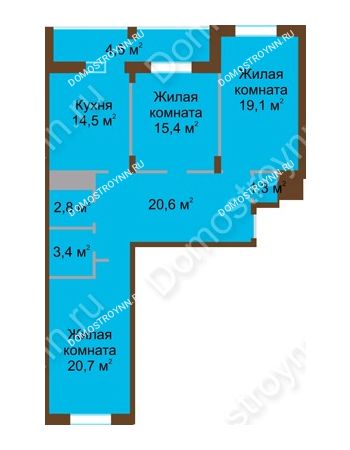 3 комнатная квартира 102,3 м² в ЖК Монолит, дом № 89, корп. 1, 2