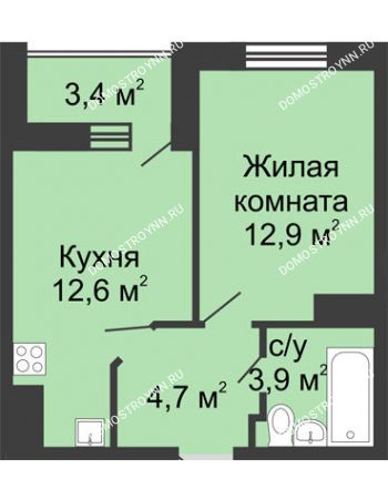 1 комнатная квартира 35,8 м² в ЖК Цветы, дом № 11
