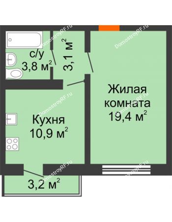1 комнатная квартира 38,2 м² в ЖК Озерки	, дом Позиция 17