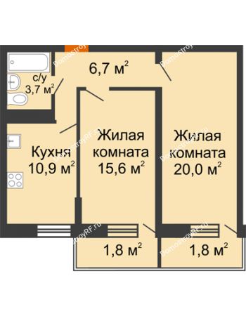 2 комнатная квартира 60,5 м² в Фруктовый квартал Абрикосово, дом Литер 3