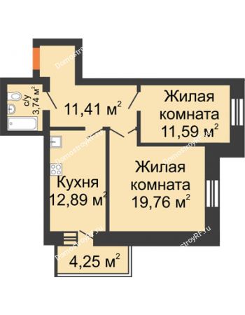 2 комнатная квартира 60,66 м² в ЖК 5+ (Пять плюс), дом № 1, корпус 1